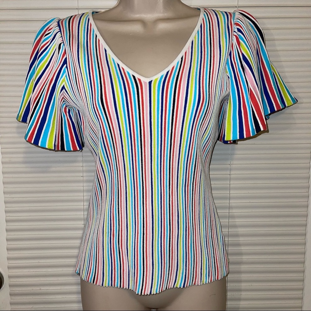 Milly Striped Flutter-Sleeve Rib- Knit Top